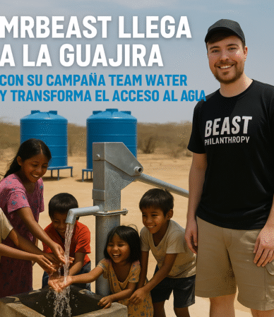 MrBeast entregando agua potable en La Guajira como parte de la campaña Team Water