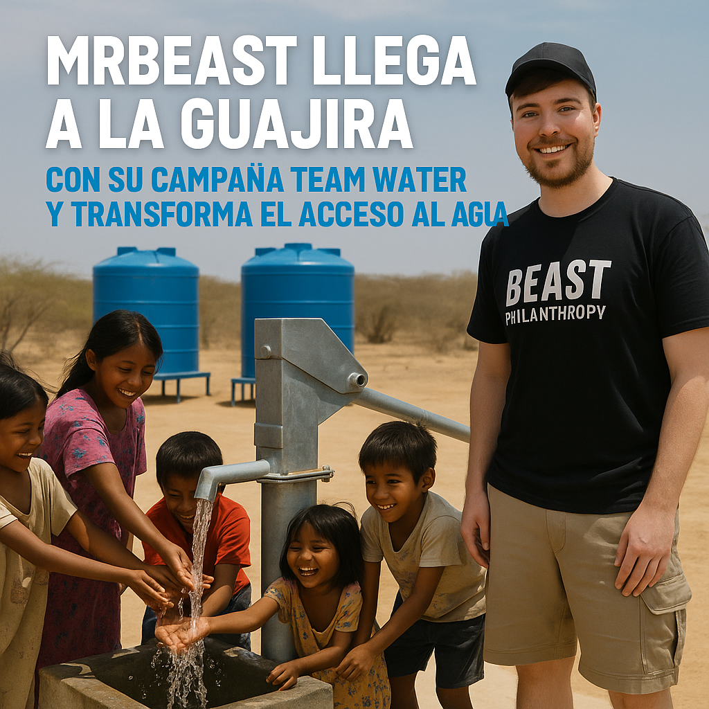 MrBeast entregando agua potable en La Guajira como parte de la campaña Team Water