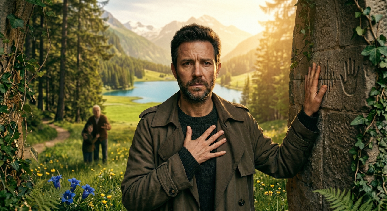 Fotografía editorial íntima de una mujer en el umbral de un pasaje de piedra. Ella mira al espectador con expresión de determinación y dolor, con una mano en el pecho (culpa) y la otra en una pared con patrones sutiles de conexión táctil. La luz dorada e intensa revela un paisaje abierto, mientras que en las sombras detrás de ella, figuras familiares se ven borrosas. Imagen destacada para el artículo sobre crecimiento personal y culpa.