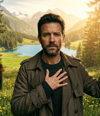 Fotografía editorial íntima de una mujer en el umbral de un pasaje de piedra. Ella mira al espectador con expresión de determinación y dolor, con una mano en el pecho (culpa) y la otra en una pared con patrones sutiles de conexión táctil. La luz dorada e intensa revela un paisaje abierto, mientras que en las sombras detrás de ella, figuras familiares se ven borrosas. Imagen destacada para el artículo sobre crecimiento personal y culpa.