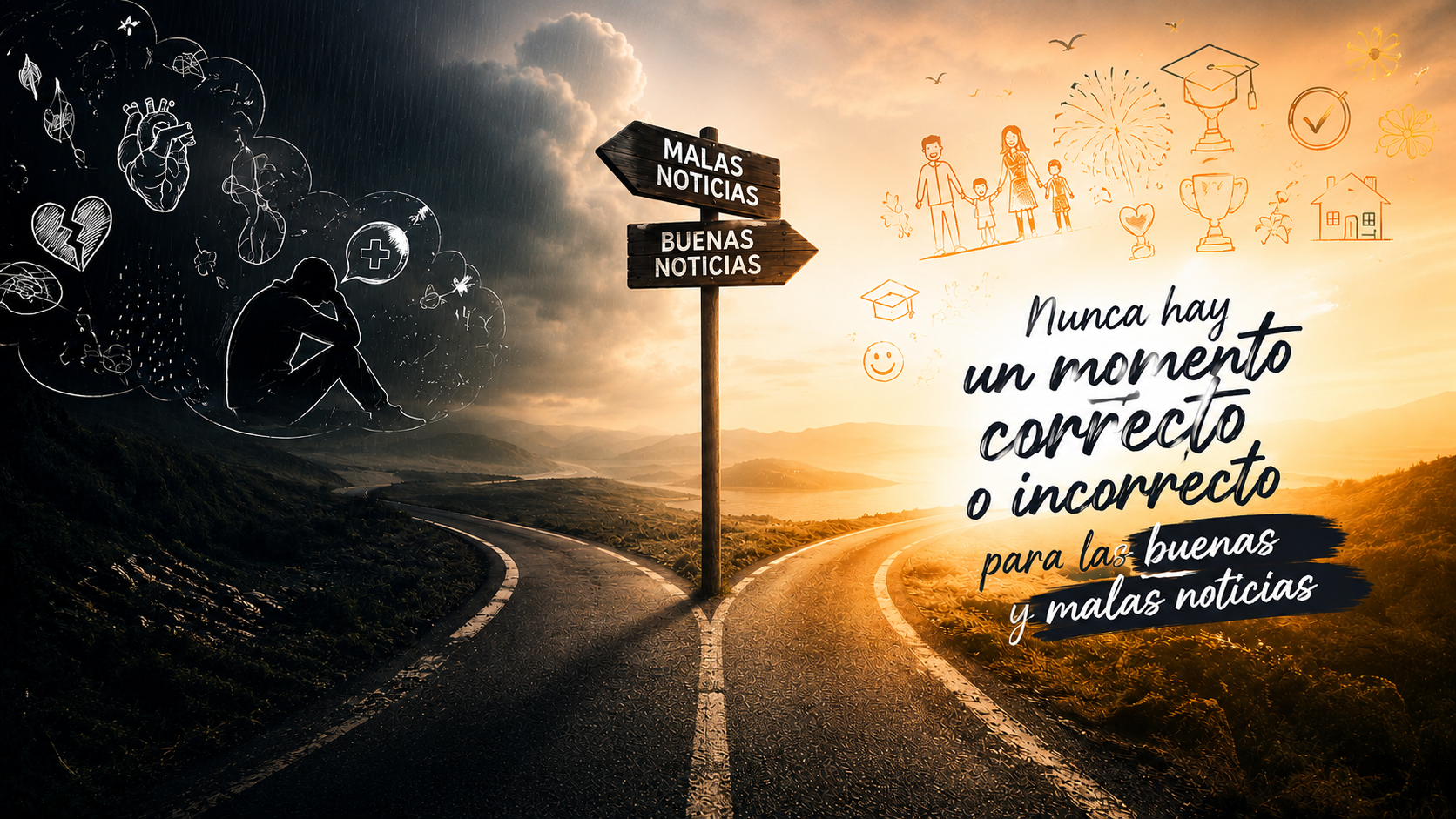 Buenas y malas noticias representadas por dos caminos entre una tormenta y un amanecer